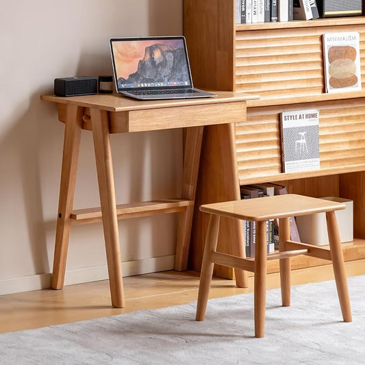 100% Solid Rubber Wood Desk Home Office Desk Mid Century Modern Writing Computer Desk with Drawer for Home Office 31.49" W Natural Wood