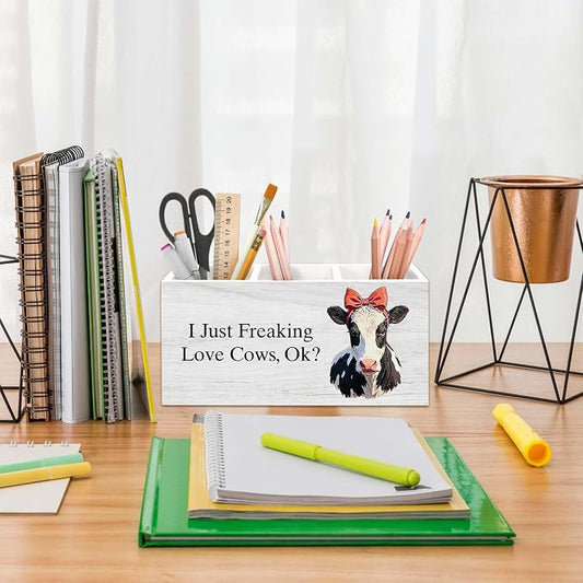 Cow Gifts Pen Holder for Desk, Funny Cute Bow Farm Animal Pencil Organizer, Cow Gifts for Women CowLovers, I Just Freaking Love Cows Wooden Pen Holder Desk Accessories Decor for Home Office