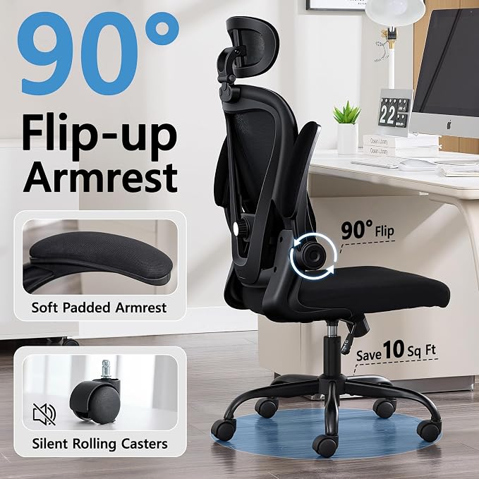 Office Chair, Ergonomic Office Chair with Headrest, Comfy Home Office Desk Chairs with Lumbar Support & Flip-up Armrests, 330LBS High Back Mesh Computer Desk Chair for Home Office, Black