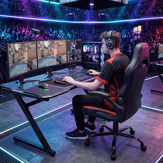DUMOS Ergonomic Computer Gaming Chair with Flip-up Armrest, Height Adjustable PU Leather Home Office Desk Chair with Lumbar Support Swivel Wheels and for Adults and Kids, Scarlet Red