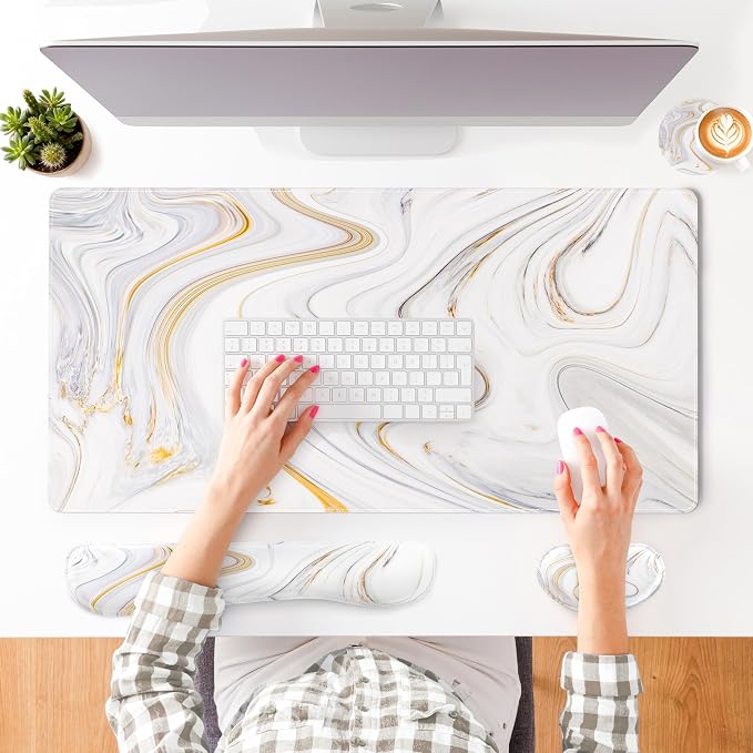 QIYI Leather Desk Mat Set, 4-in-1 Large Mouse Pad with Ergonomic Wrist Rest, Waterproof Desk Pad + Keyboard Wrist Rest + Mouse Wrist Support+Coaster, Non-Slip Office Gaming Accessories, Marble Stripes