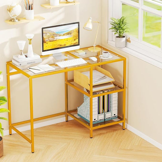 GOFLAME Computer Desk with Shelves, 42” Home Office Desk with Metal Frame, Tempered Glass Study Writing Table, Modern Simple PC Desk for Living Room Bedroom (Golden)