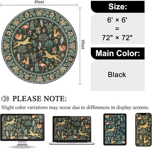 DUKINO 6ft Round Rug for Bedroom, Animal Print Washable Circle Rug with Low Pile Design, Soft Indoor Floor Non Slip Carpet for Entryway, Living Room, Office, Dining Room, Black