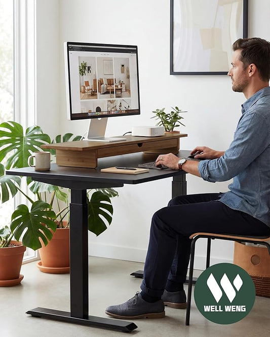 42” Dual Monitor Stand Riser with Large Drawer Keyboard Storage | Double Computer Monitor Riser Shelf for 55-72 Inch Desk Aesthetic Workplace Setup Desktop Organizer Toasted Bamboo