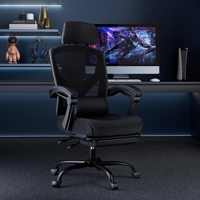 DUMOS Office Desk Computer Chair with Footrest, Ergonomic Mesh Swivel Gaming Chair with Rolling Wheels, Comfortable Headrest, Lumbar Support, Comfy for Home, Office, Task, Student, Inky