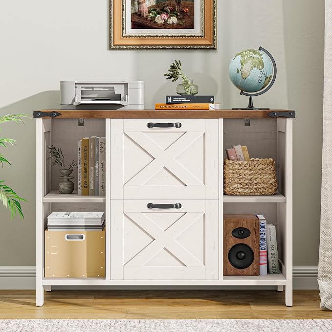 Halitaa 2 Drawer File Cabinet, Farmhouse Lateral Filing Cabinet Fits File Letter or A4 Size, Wooden Printer Stand with Open Storage Adjustable Shelf for Home Office, Rustic White
