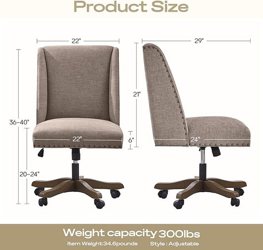 Zihanhome Upholstered Armless Office Chair with Wooden Legs, Modern Adjustable Home Office Desk Chair Computer Chair Swivel Chair for Home Office Study Studio (Brown)