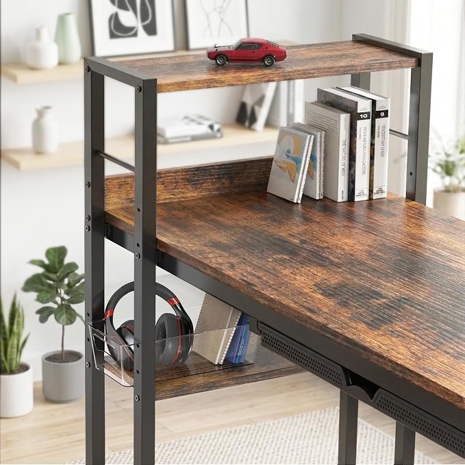 SHW 46-Inch Home Office Mission Computer Desk with Side Shelf and Drawer, Rustic Brown