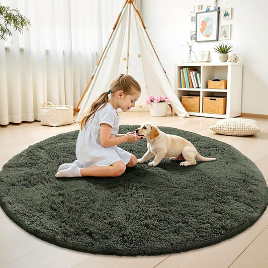 OLANLY Olive Green Round Rugs for Bedroom - Machine Washable, 5 ft Circle Area Rugs for Living Room, Soft and Fluffy Shaggy Carpet for Teen Girl and Boys, Nursery Rooms, Dorms, Home Decor Aesthetic