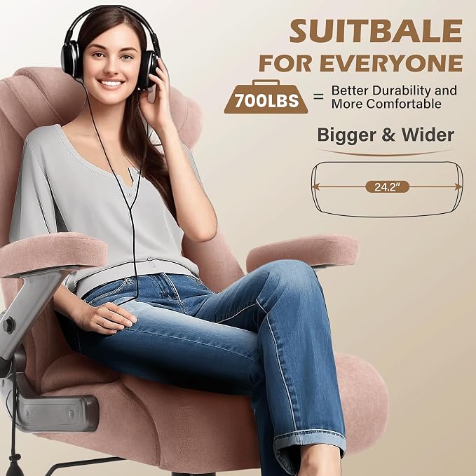 Fabric 700lbs Big and Tall Office Chair, Ergonomic Heavy Duty Executive Cloth Office Chair with 5D Flip Arms & Adjustable Lumbar Support & Dual Rubber Wheel, Large Thick Padded Extra Wide Seat, Pink
