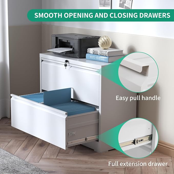 IKIMI 2 Drawer Lateral File Cabinets Office Metal Filing Cabinet Steel Storage Cabinet with Lock Wide Horizontal Filing Cabinets for Hanging Files Legal/Letter/A4 Size Assembly Required