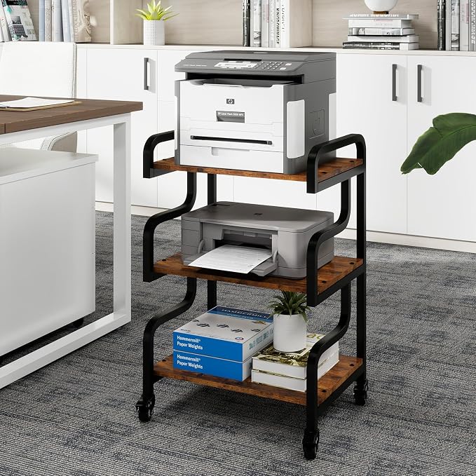 Natwind 3-Tier Printer Stand with Wheels Movable Storage Cart Floor-Standing Multi-Purpose Shelf Rack for Media Player Scanner Files Books Microwave Oven in Kitchen Living Room Home Office (Retro)