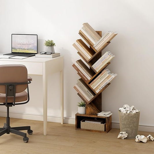Hoctieon 6 Tier Tree Bookshelf, Tall Bookcase with Drawer, Freestanding Book Shelf, Display Floor Standing Storage Shelf, Book Organizer Shelves for Home Office, Rustic Brown
