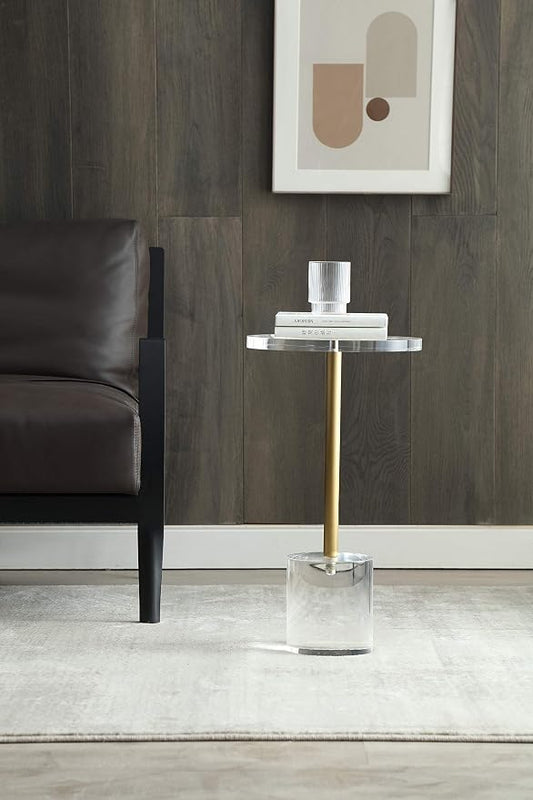 Artmaze Clear Acrylic End Table,Side Table,Brushed Brass Metal,Round,for Office, Living Room and Bedroom,Easy Assembly,12x12 inch,21.3 inch high