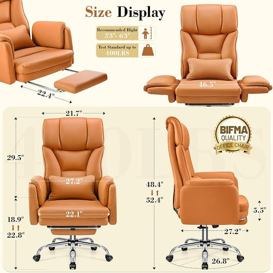 Big and Tall Office Chair, 400LBS Wide Leather Gaming Chair with Footrest, High Back Executive Chair, Reversible Armrest for Pets, 135° Reclining Cross Legged Desk Chair with Lumbar Support(Brown)