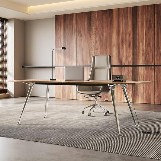 60-Inch Executive Desk, Modern Desk for Home Office, Wooden Study Writing Work Table with Power Outlets and USB-C Port, Large Legroom, Sturdy Metal Frame, Mid-Century Modern Simple, Light Brown