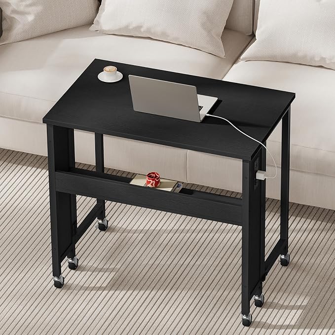 CHOEZON Folding Desk with Power Outlets, 31.5" Rolling Computer Table with Wheels, Portable Office Desk with Storage Shelf for Small Spaces Black TDN01UBB