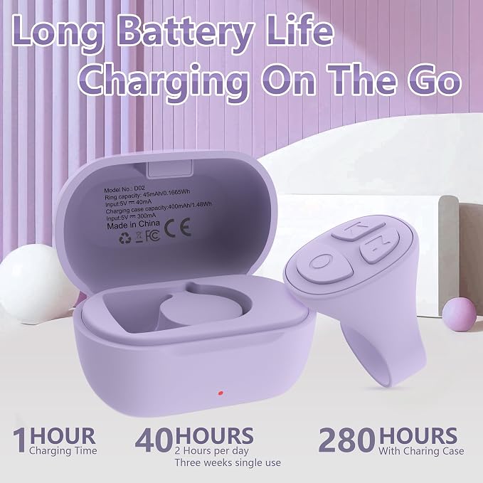 Tiktok Scrolling Ring, Bluetooth Camera Remote Control, Scrolling Ring Remote for iPhone TikTok FB YouTube IG Android Phone, Fingertip Wireless Scroller Page Turner (Purple)