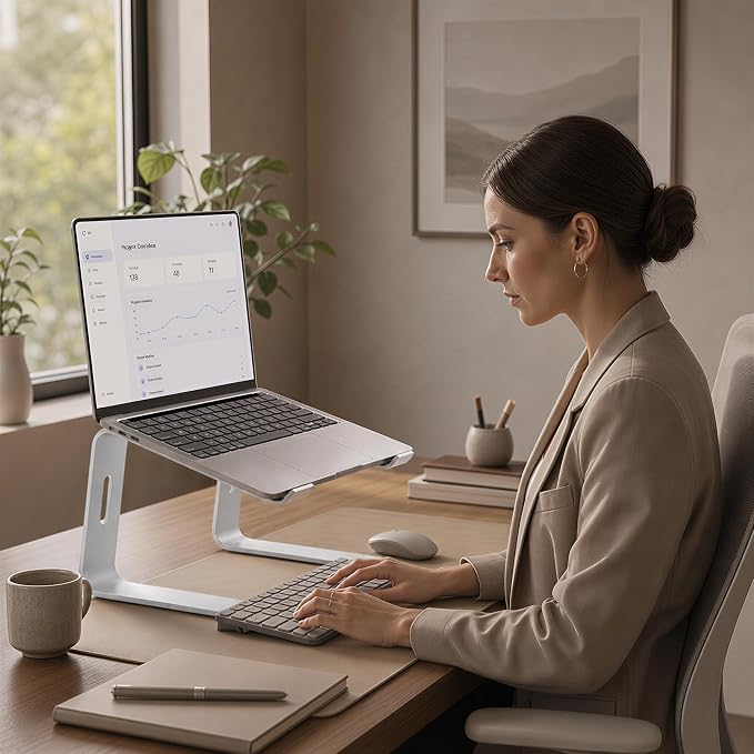 Orionstar Ergonomic Laptop Stand, Premium 5mm Aluminum Riser for 10-15.6 Inch Notebook Computer, Tool-Free Detachable Elevator Holder for Desk Office, Sturdy Riser for Eye-Level Neck Relief, Silver