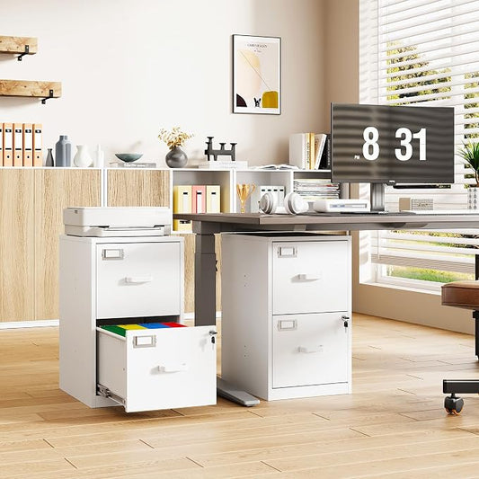 2-Drawer File Cabinet with Lock, Small Filing Cabinet Organizer for Hanging A4/Letter/Legal Size Folder, Under Desk Vertical Filing Cabinets for Home Office, Printer Stand, White