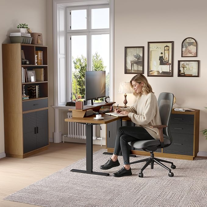 ONBRILL Home Office Furniture Sets, 55'' Standing Desk with 55'' File Cabinet, Electric Height Adjustable Standing Desk with 71'' Tall Modern Bookshelf, Home Office Furniture Set, Oak Brown
