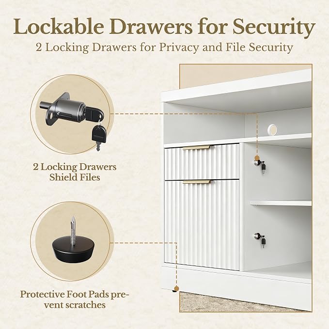 2 Drawer File Cabinet, 32'' Lateral File Cabinet with Lock and AC/USB for Letter/A4 Size, Wood Filing Cabinet with Storage Shelves for Home Office, White