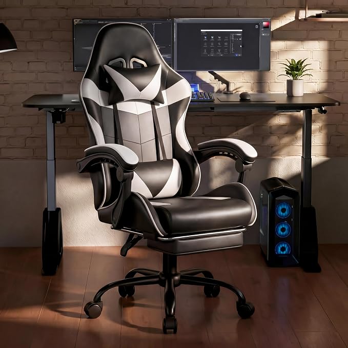 Gaming Chair, Ergonomic Computer Chair with Footrest and Lumbar Support, Height Adjustable Office Chair with 360° Swivel Seat and Headrest (Black & White)