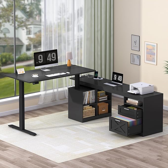 YOMILUVE Farmhouse L Shaped Standing Desk, 66 inch Corner Electric Standing Desk with Drawers & Storage Shelves, Height Adjustable Computer Desk with Power Outlets for Home Office (Black)