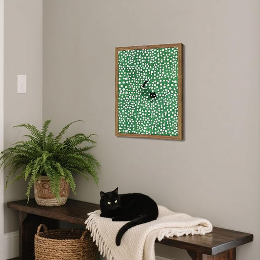 Framed Floral Black Cat Canvas Wall Art, Cute Black Cat in Daisy Field Painting, Animal Poster Print, Modern Home Aesthetic Wall Decor, Flowers Canvas Artwork for Bedroom Living Room 16x24 inch