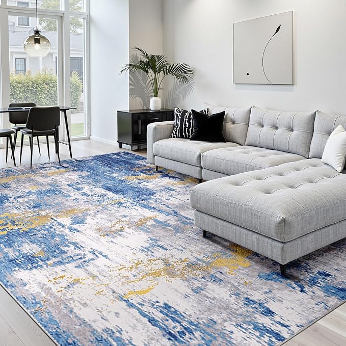 RELEANY Washable Area Rugs Square 10ft Non-Slip Modern Abstract Soft for Living Room Entryway Bedroom Kitchen, Print Pattern, Grey Blue Gold/Golden