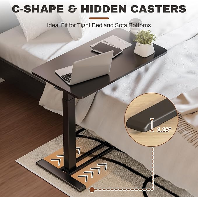 SANODESK Adjustable Overbed Bedside Table Pneumatic Adjustable Height Laptop Computer Standing Desk Cart with Tray, Hospital and Home Use(23.6" W x 13.8" D, Walnut)