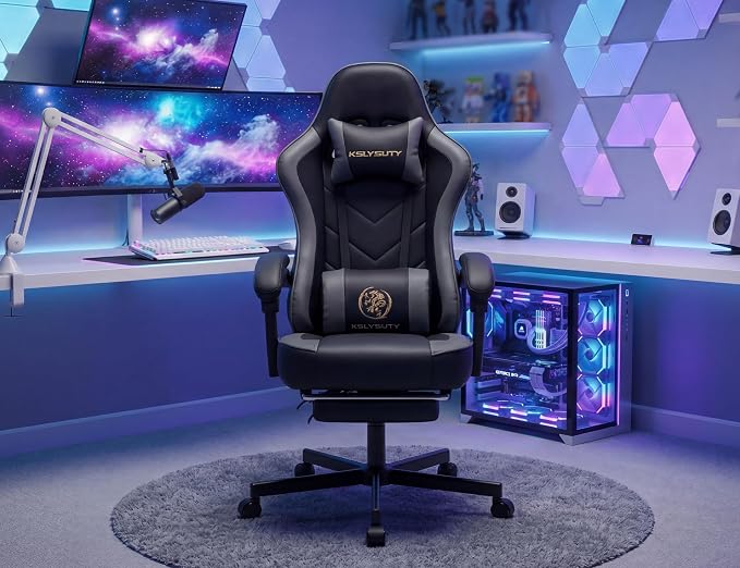 Office Desk Computer Gaming Chair for Adults, Ergonomic High Back Gamer Chair with Massage and Pocket Spring Cushion, Swivel Comfy Video Game Chairs with Footrest and Lumbar Support (Black Grey)