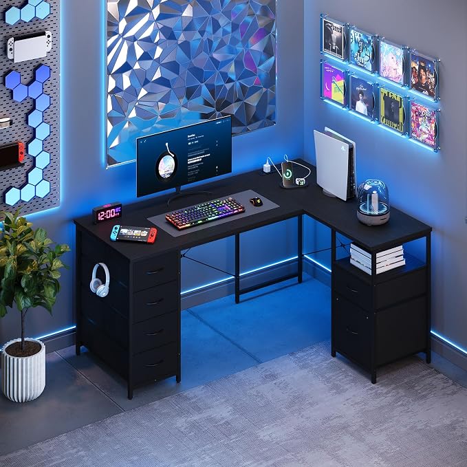 YOUDENOVA 55 Inch L Shaped Desk with Power Outlets & Type-C Port, Reversible Corner Computer Desk with 6 Drawers & File Cabinet, Large Workstation for Home Office, Gaming, Study, Black