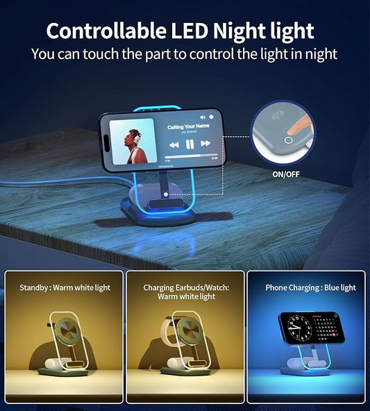 3 in 1 Magnetic Wireless Charging Station for Apple Devices, Fast Foldable Travel Mag-Safe Charger Stand with Night Light for iPhone 17 16 15 14 13 12 Series, Apple Watch/AirPods Pro, LB