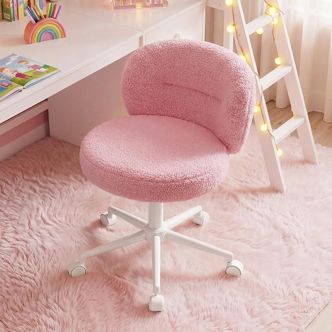 Homkdom Plush Vanity Chair with Wheels, Soft Comfy Makeup Chair with Rounded Back, Height Adjustable, 360° Swivel for Bedroom & Beauty Spaces