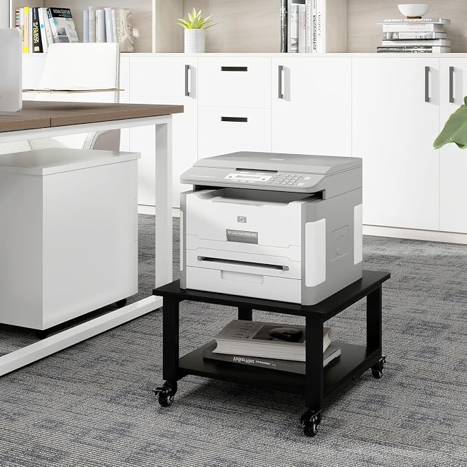 Natwind 2 Tiers Office Movable Laser Printer Copier Stand Cart Under Desk Heavy Duty Dark Brown Rolling Table with Storage Floor-Standing Holder on Wheels Fax Paper Organizer Shelf for Home (Black)