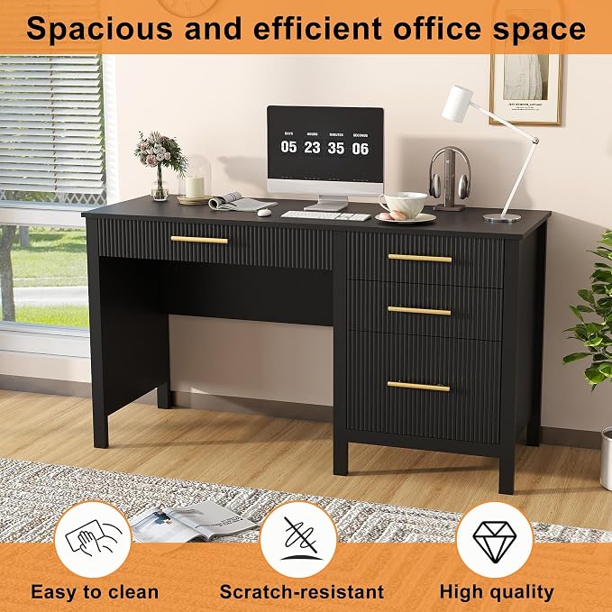 Black Executive Desk with Drawers: 54" Wood Computer Desk with File Drawer, Modern Home Office Desks with Storage, Fluted Writing Desks for Working, Studying (Black, 54")