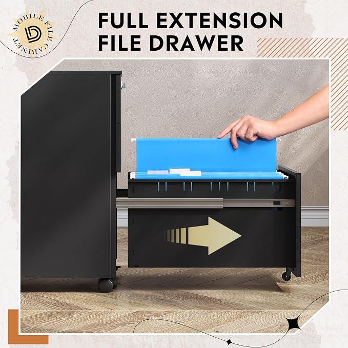 DEVAISE 3 Drawer File Cabinet with Combination Lock, Fully Assembled Metal Filling Cabinet Except Wheels, Mobile Under Desk File Cabinets for Home Office, Black