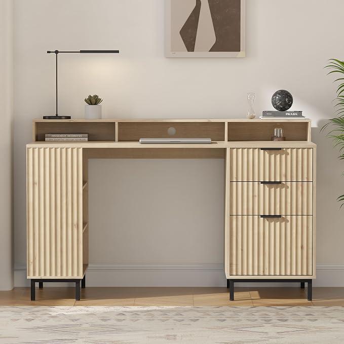 EYYTHUNG 55" Fluted Executive Desk with Charging Station, Modern Wood Home Office Desk with with Storage Shelf & File Drawer, Writing Study Computer Table for Work Study, Light Oak