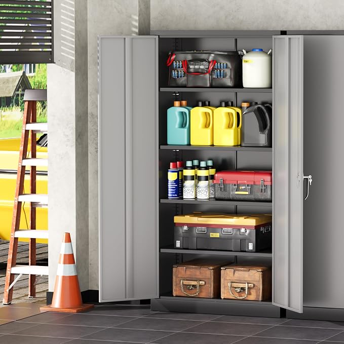 INTERGREAT Metal Garage Storage Cabinet with Lock, 72" Storage Cabinet with Locking Doors and 4 Adjustable Shelves, Lockable Steel Tool Cabinet for Home Office, School, Black Grey