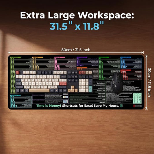 Excel Shortcut Keys Mouse Pad, Extended Large Desk Mat (31.5x11.8 Inch) with Non-Slip Base & Washable Surface for Gaming, Computer, Office Desk