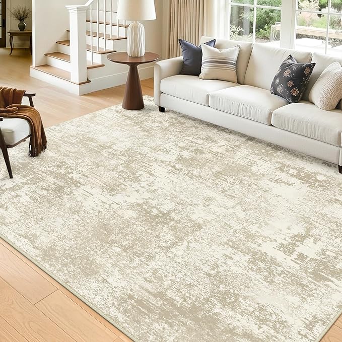 RELEANY Washable Area Rugs 9'x12' Non-Slip Modern Abstract Soft for Living Room Entryway Bedroom Kitchen, Print Pattern, Beige Cream Brown