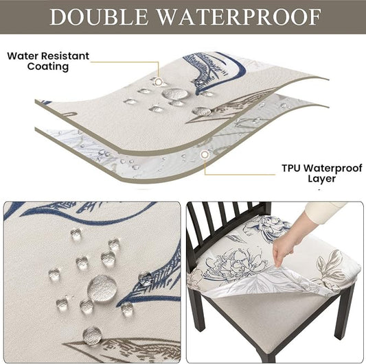 SearchI Waterproof Seat Covers for Dining Chairs, 4 Pack Stretch Dining Room Chair Seat Covers, Kitchen Chair Seat Covers Protectors(Beige and Blue Flower)