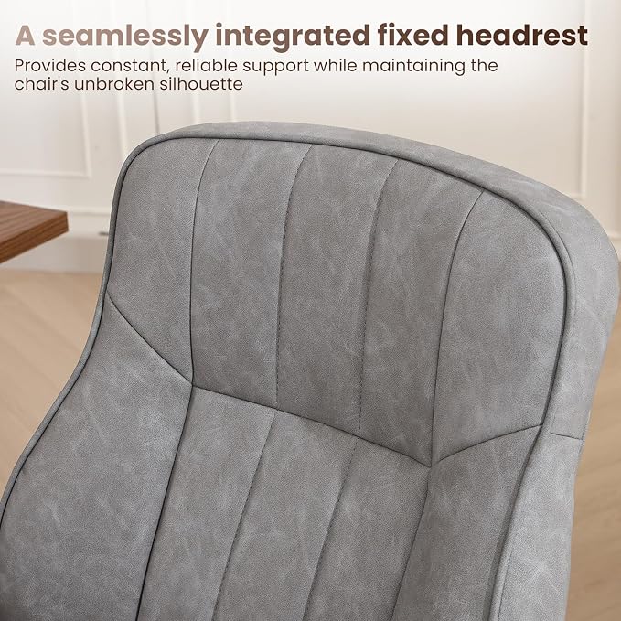 Mid Century Modern Office Chair with Inflatable Lumbar Support, Ergonomic Brown PU Leather Desk Chair with Arms, Height Adjustable Swivel Executive Computer Chair for Home Office, 300lbs