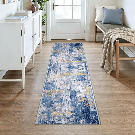 RELEANY Washable Area Rugs 2x7 Non-Slip Modern Abstract Soft for Living Room Entryway Bedroom Kitchen, Print Pattern, Grey Blue Gold/Golden
