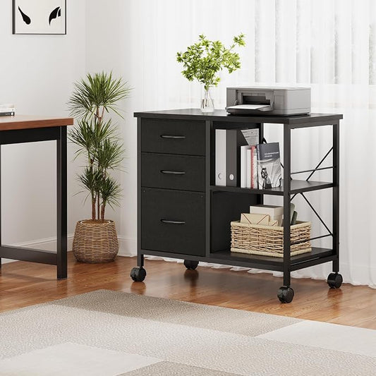 DUMOS 3 Drawer Mobile File Cabinet, Freestanding Fabric Lateral Filing Cabinet Fits A4/Letter Size, Space Saving Rolling Printer Stand with X-Frame and Open Storage Shelf for Home Office, Modern Black