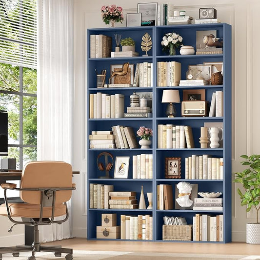 FACBOTALL 82" Tall Bookshelf Set of 2, 7-Tier Double Open Shelves Bookcase,Freestanding Display Storage Shelves, Tall Bookcase Home Decor Furniture for Home Office,Living Room,Bedroom, Blue
