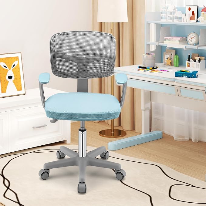 Giantex Kids Desk Chair, Ergonomic Adjustable Teen Task Chair w/Y-Shaped Lumbar Support, Armrest & Universal Wheels, Mesh Kid Office Chair for Sturdy, Kids Computer Chair for Boys & Girls 4-12, Blue