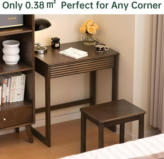 Walnut Finish Solid Wood Desk, Small Writing Desk Home Office Computer Desk for Small Spaces Study Bedroom Work 27.55" W
