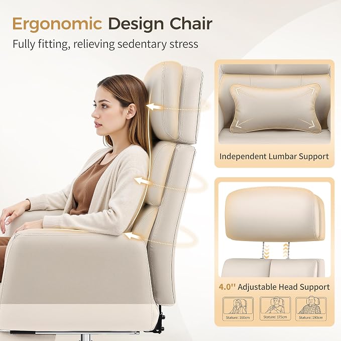 Big and Tall Office Chair 500LBS, Ergonomic High Back Leather Executive Chair, Reclining Swivel with Adjustable Armrests Lumbar Support Footrest, Cross Legged, Beige
